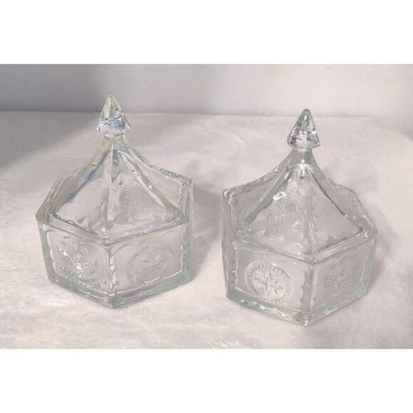 Indian Glass Clear Bicentennial Theme 1976 Candy Nut Dish Hexagonal Colonial - Picture 1 of 16